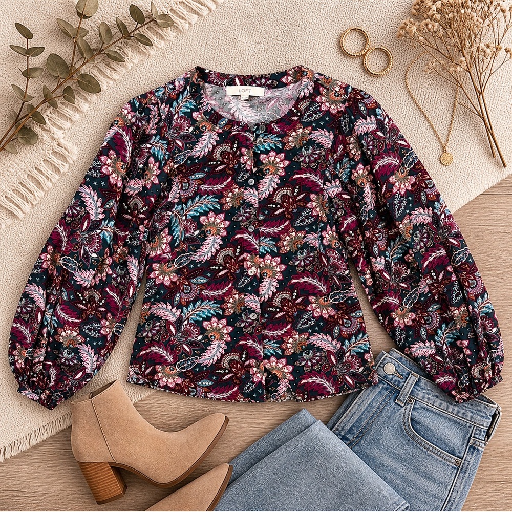LOFT Floral Paisley Long-Sleeve Top in Burgundy, Teal & Pink
